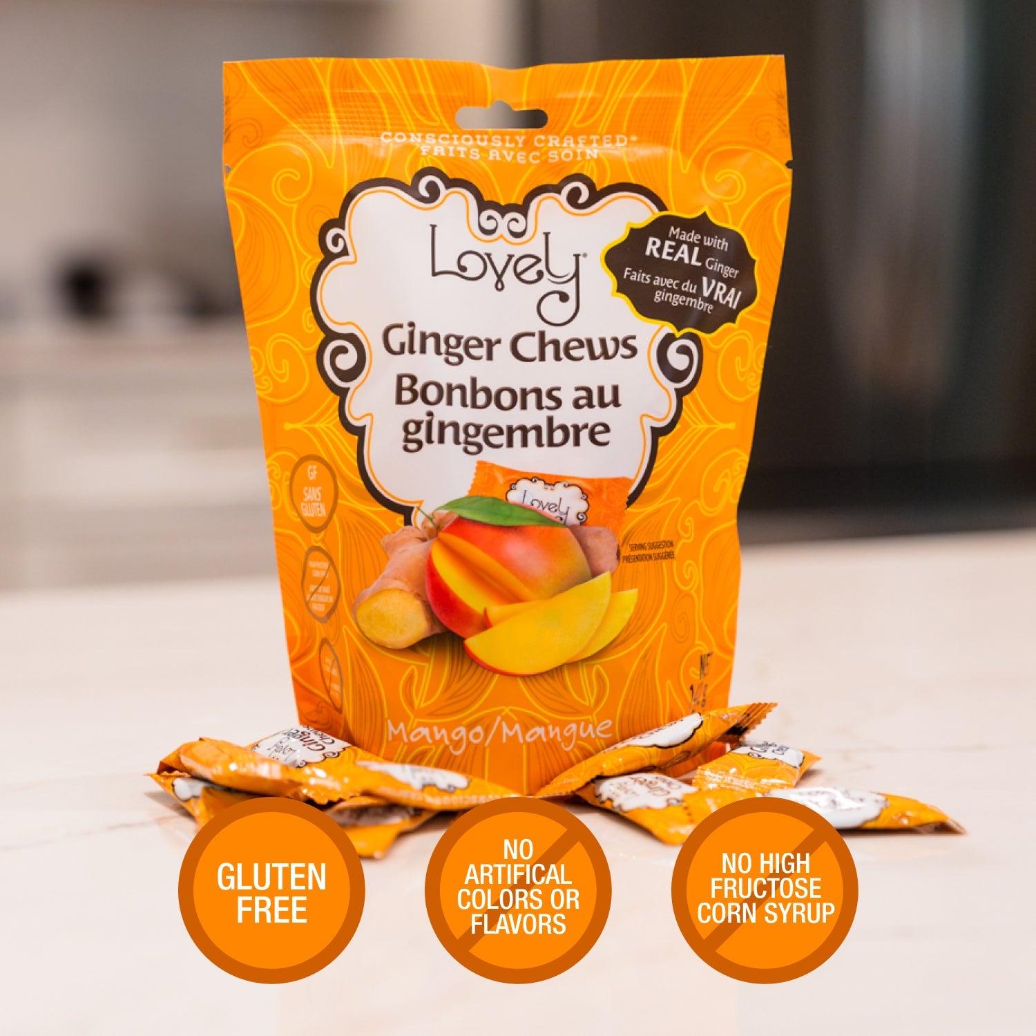 Product claims for Mango Ginger Chews - non-GMO, gluten-free, no artificial ingredients