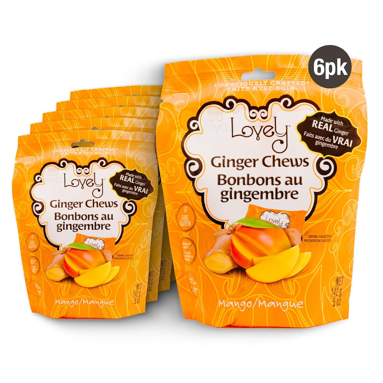 6-pack of Mango Ginger Chews by Lovely Candy Company