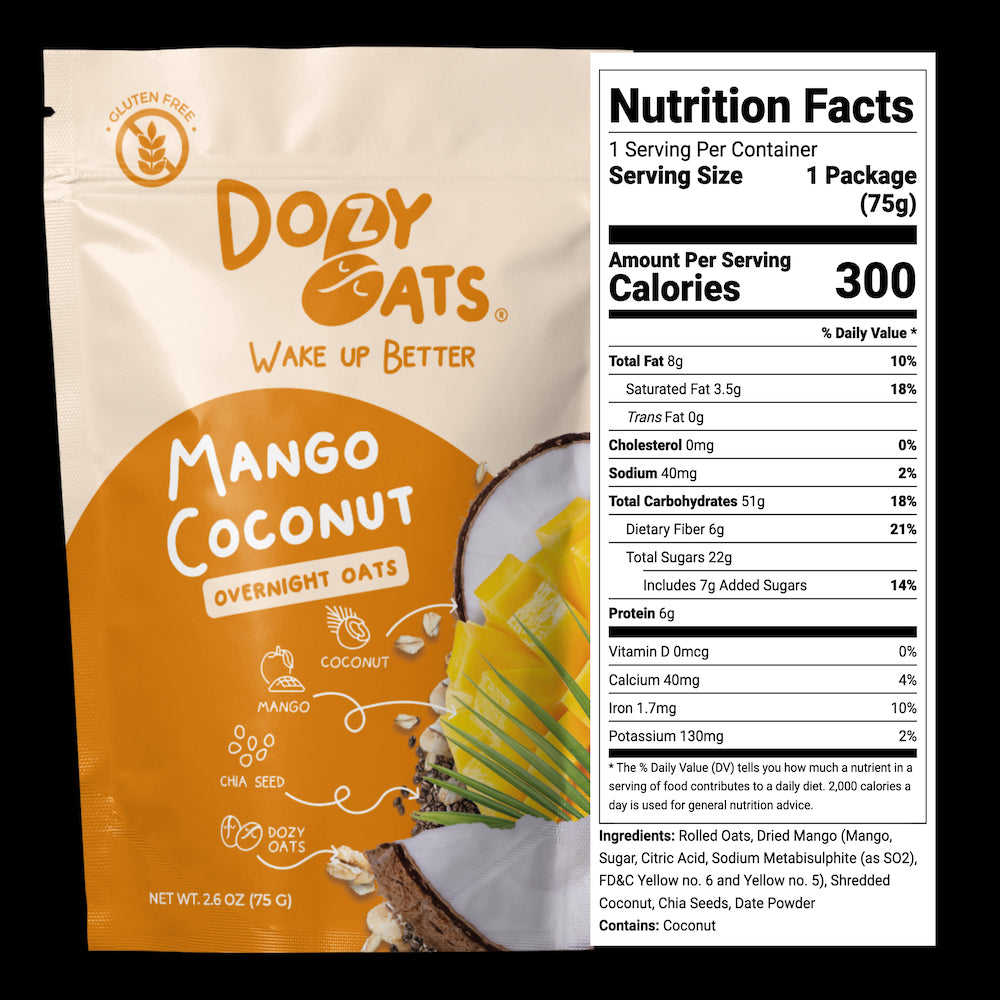 Dozy Oats Mango Coconut Overnight Oats package with nutrition facts panel