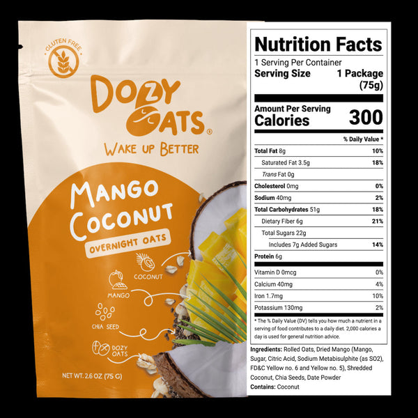 Dozy Oats Mango Coconut Overnight Oats package with nutrition facts panel