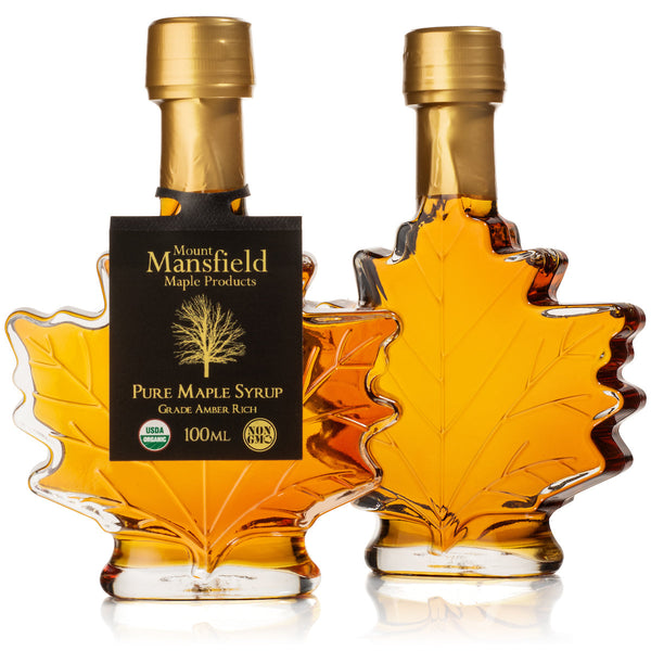Pair of 100ml Vermont Maple Leaf Favor Bottles filled with organic pure Vermont maple syrup