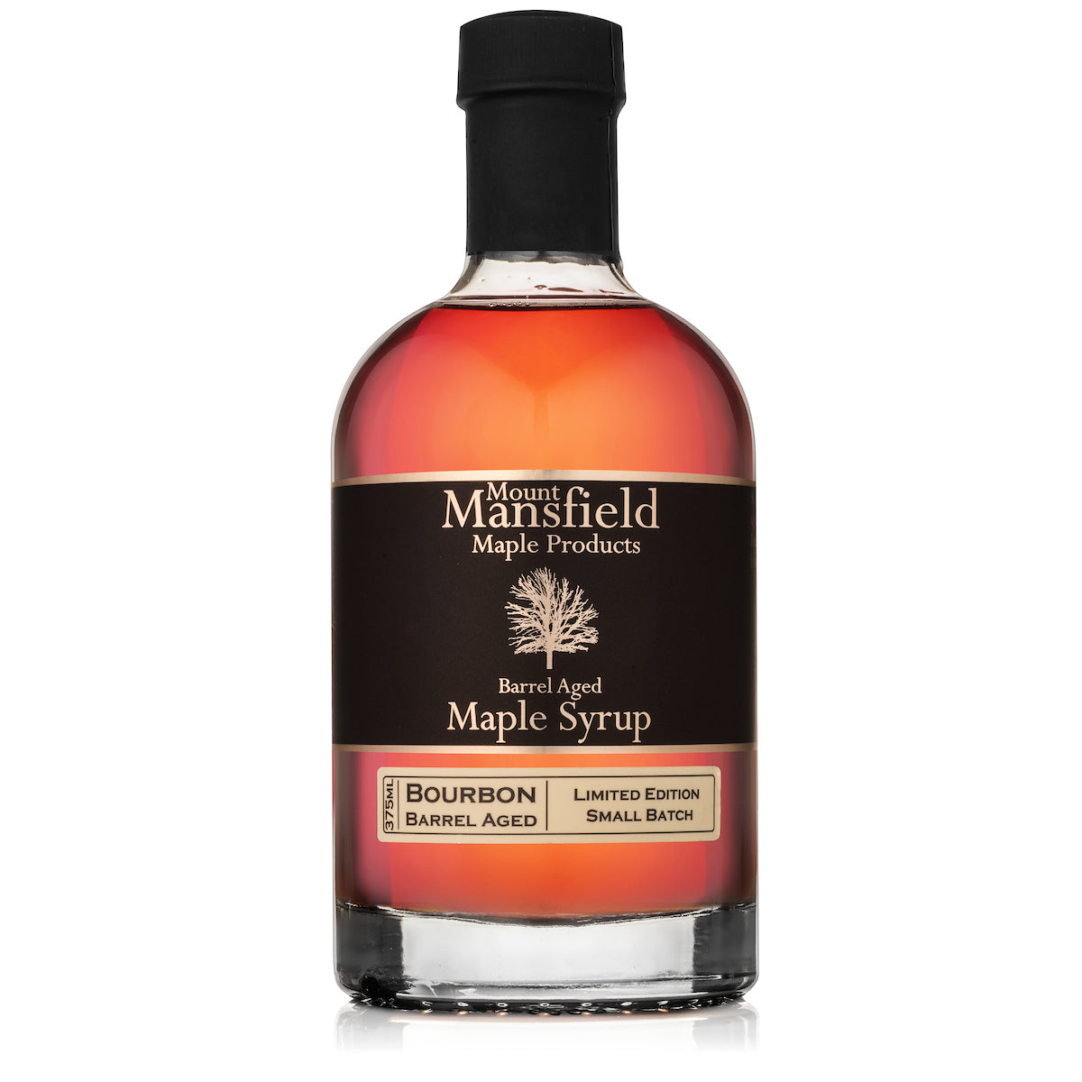 Bottle of Mount Mansfield Maple Bourbon Barrel Aged Vermont Maple Syrup, 375ml size