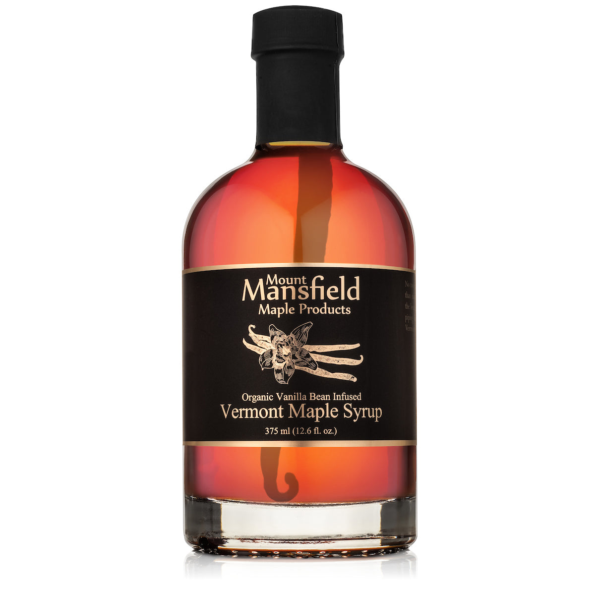 375ml bottle of Mount Mansfield Vanilla Bean Infused Vermont Maple Syrup