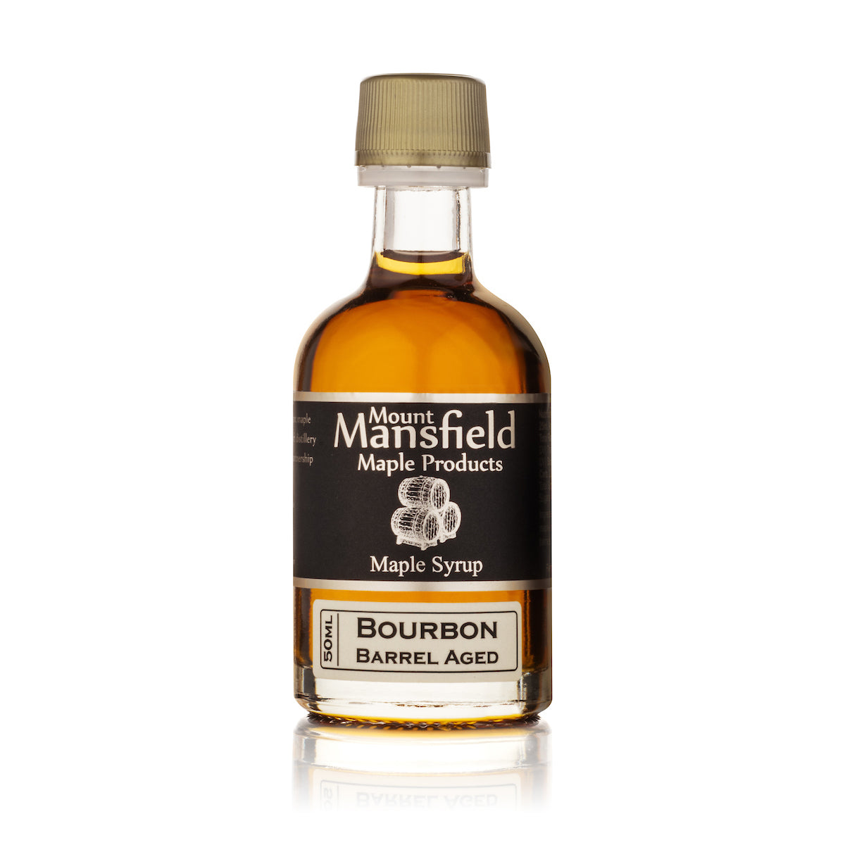 Small 50ml bottle of Mount Mansfield Maple Bourbon Barrel Aged Vermont Maple Syrup