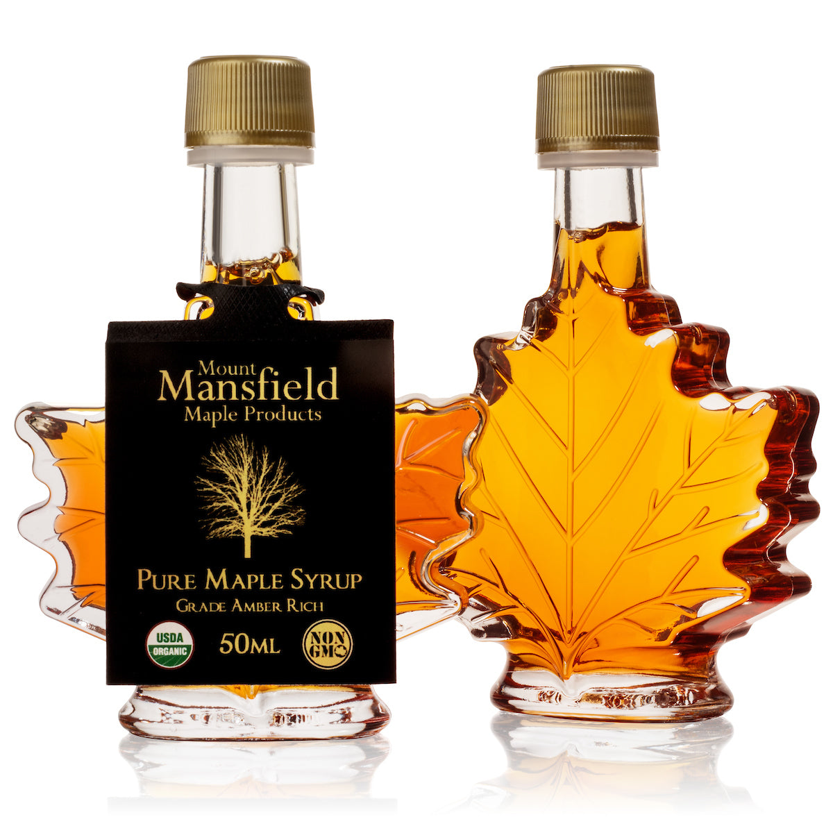 Pair of 50ml Vermont Maple Leaf favor bottles filled with organic pure Vermont maple syrup
