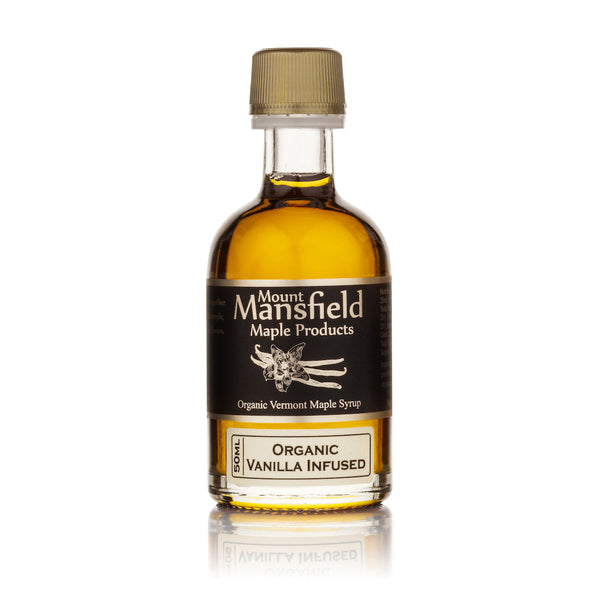 50ml bottle of Mount Mansfield Vanilla Bean Infused Vermont Maple Syrup