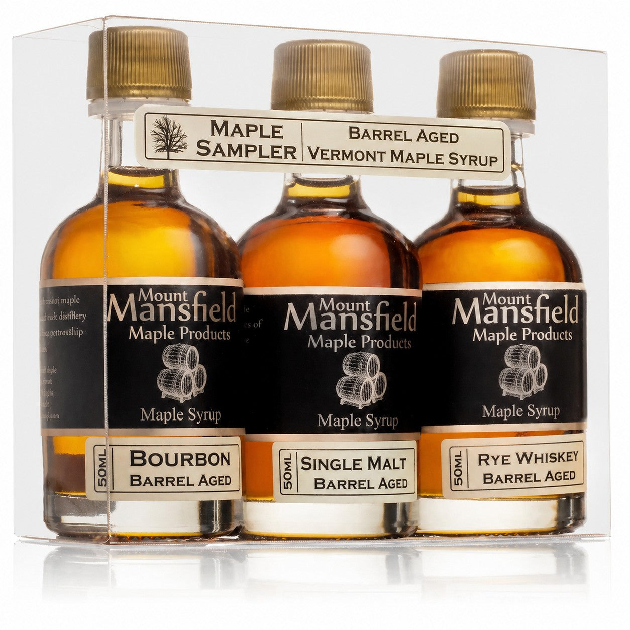 Barrel Aged Vermont Maple Syrup Sampler Set with three 50ml bottles in gift packaging