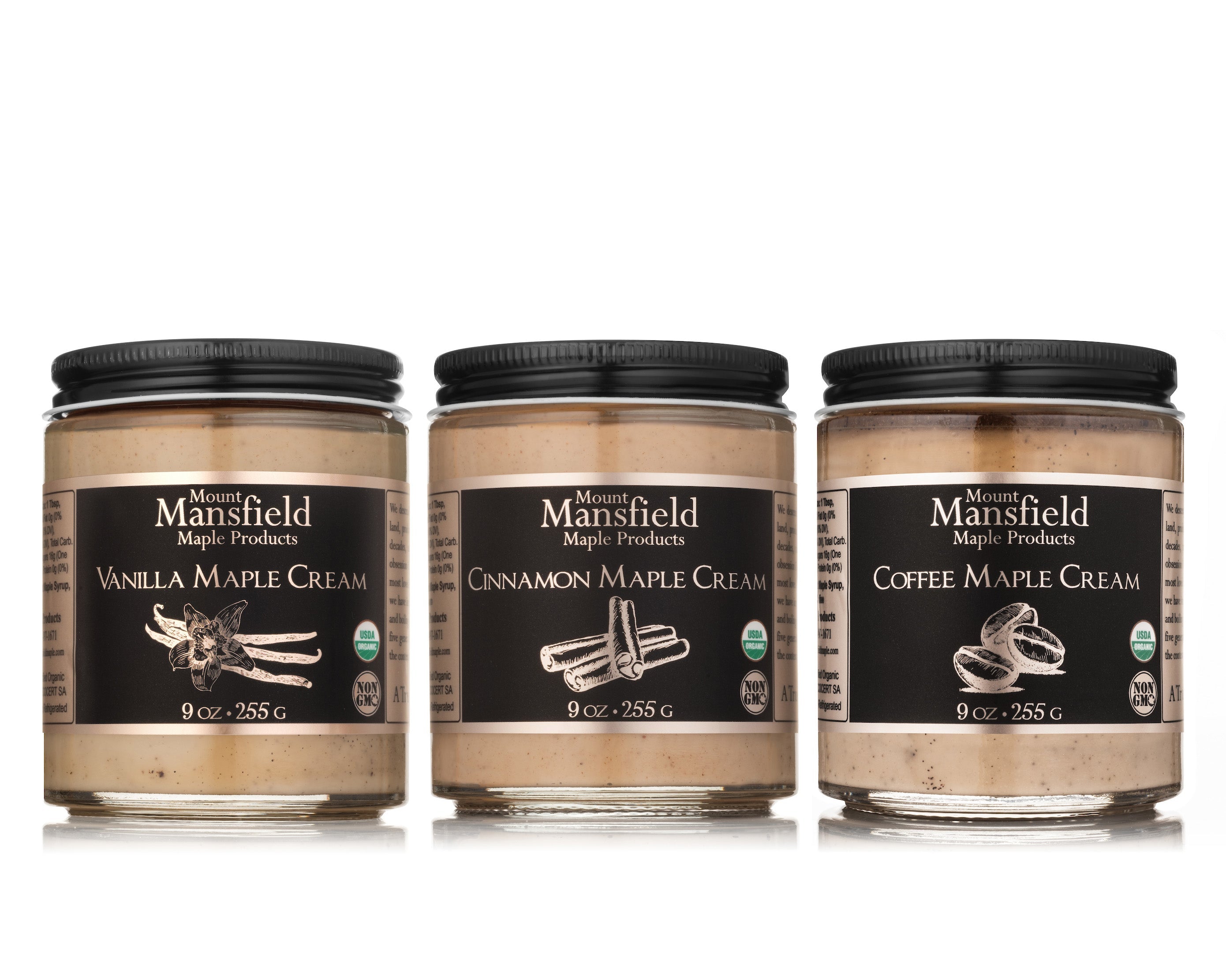 Complete set of Mount Mansfield Infused Vermont Maple Cream in cinnamon, vanilla, and coffee flavors