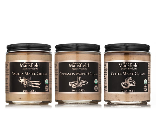 Complete set of Mount Mansfield Infused Vermont Maple Cream in cinnamon, vanilla, and coffee flavors