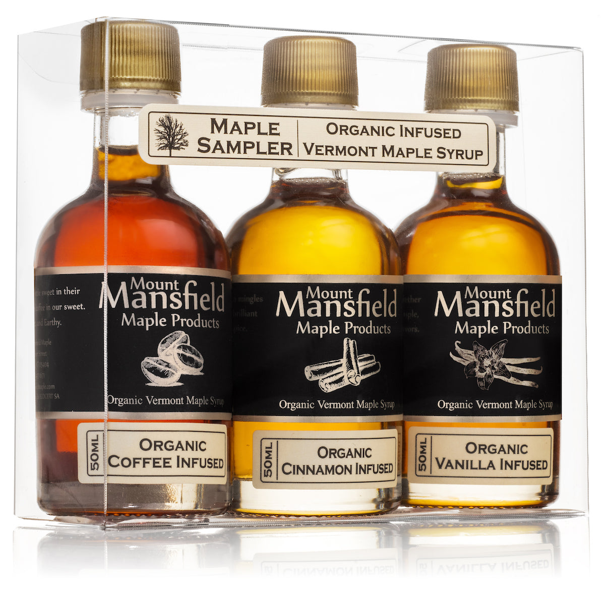 Infused Vermont Maple Syrup Sampler Set with three 50ml bottles of Cinnamon, Coffee Bean, and Vanilla flavors by Mount Mansfield Maple Products