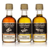 Close-up of the three infused maple syrup bottles included in the Vermont Maple Syrup Sampler Set
