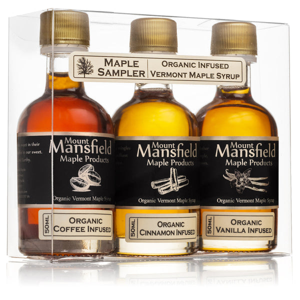 Infused Vermont Maple Syrup Sampler Set with three 50ml bottles of Cinnamon, Coffee Bean, and Vanilla flavors by Mount Mansfield Maple Products