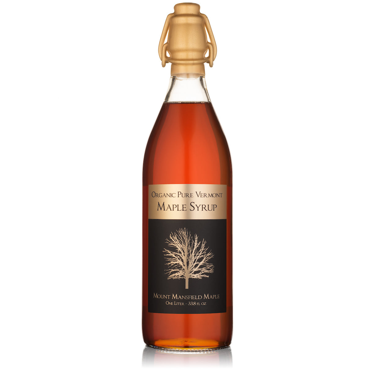 Old-fashioned swing top bottle of Organic Pure Vermont Maple Syrup, 1 liter, with gold wax seal