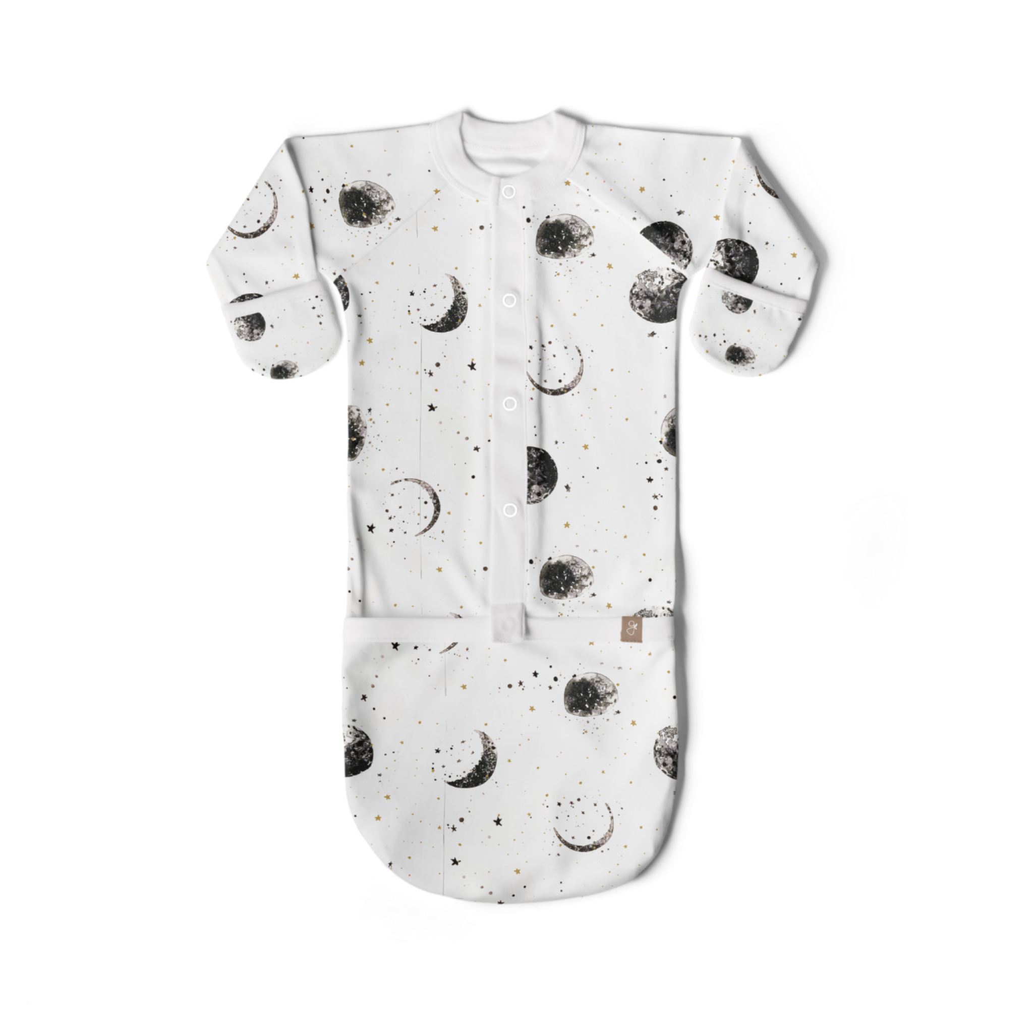 Baby sleep bag with moon and star pattern on a white background