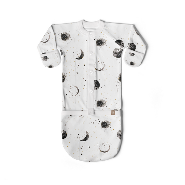 Baby sleep bag with moon and star pattern on a white background