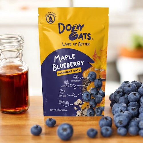 Dozy Oats Maple Blueberry gluten free overnight oats prepared and ready to eat