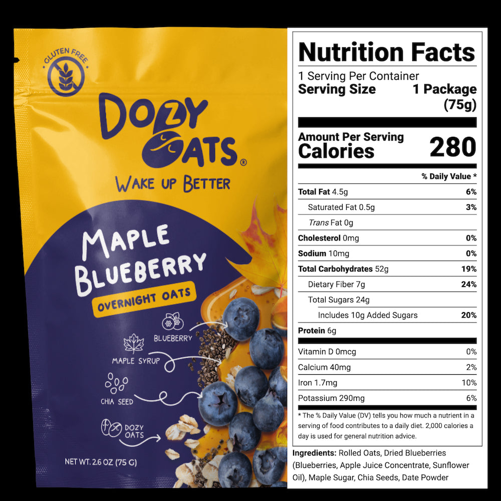 Dozy Oats Maple Blueberry overnight oats packet with real dried blueberries and maple flavour