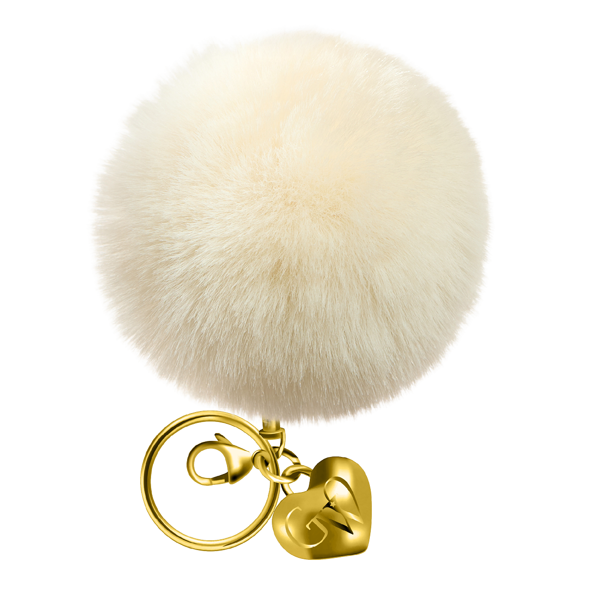 White fluffy pom-pom keychain with gold heart-shaped charm on a white background