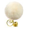 White fluffy pom-pom keychain with gold heart-shaped charm on a white background
