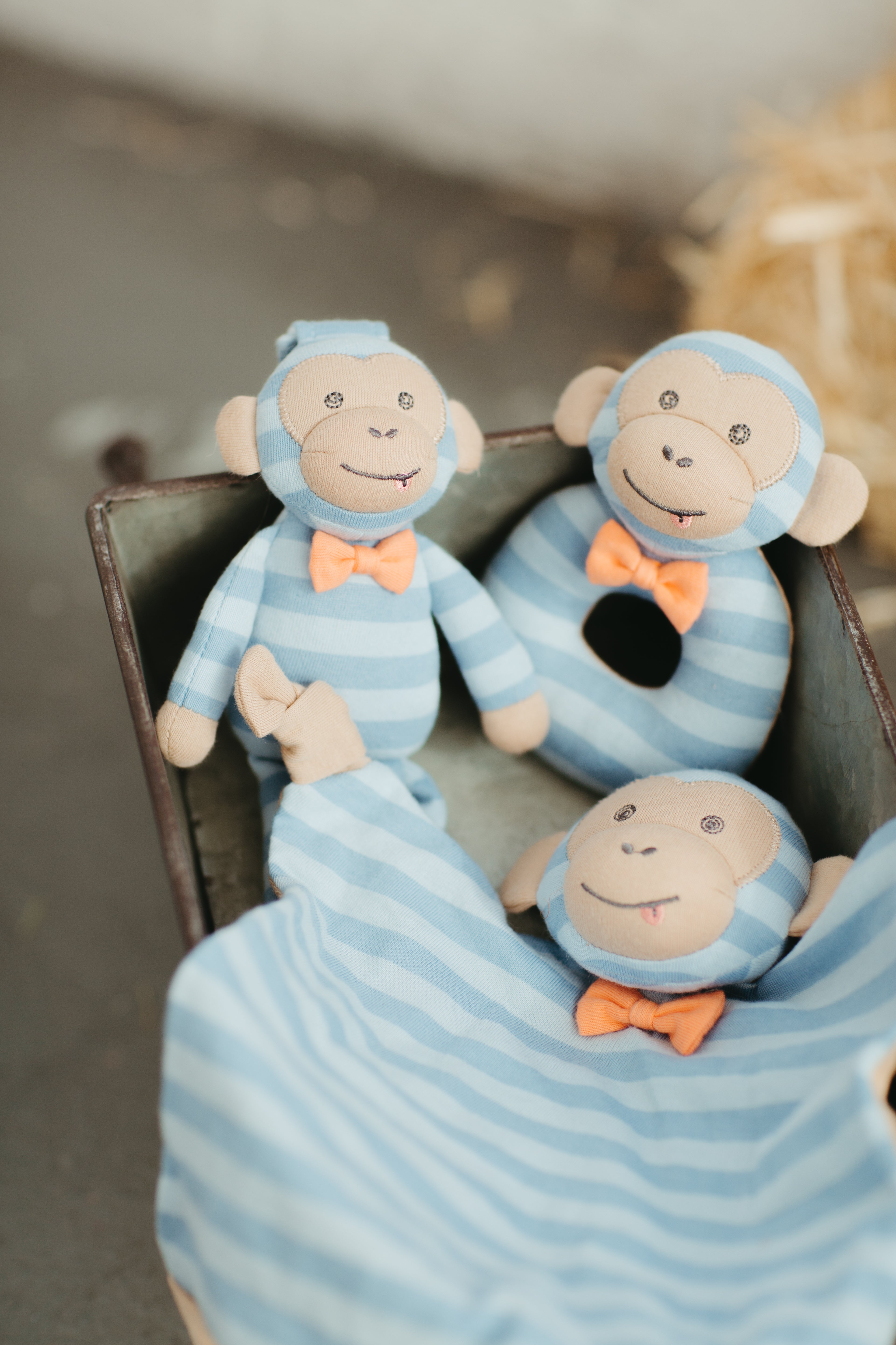 Marvin Monkey organic cotton rattle shown alongside other Apple Park & Organic Farm Buddies monkey toys