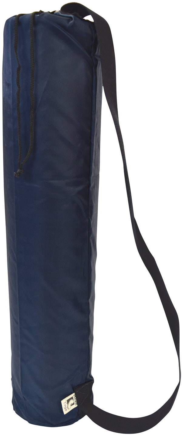 Navy blue yoga mat bag with a black strap on a white background