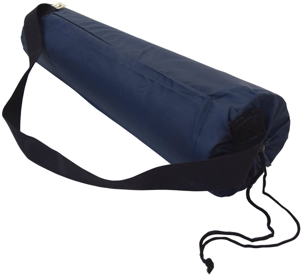 Navy blue cylindrical bag with a black strap on a white background