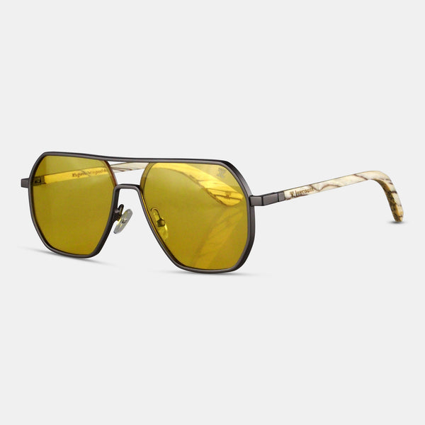 Maverick Hexagon Wooden Sunglasses – Walnut & Abalone Shell, Polarized Lenses