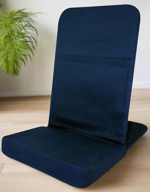 Navy blue folding chair on a wooden floor with a plant in the background