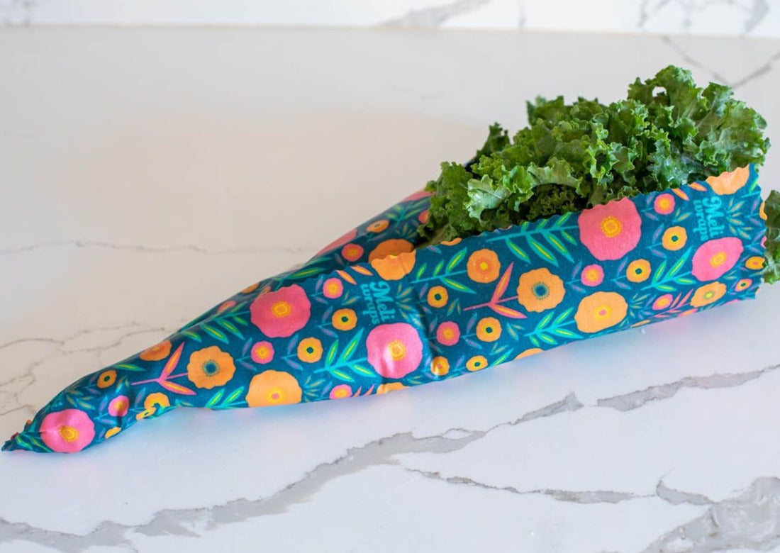 Meli Wraps beeswax food wrap with Fall Bloom floral print used to wrap fresh food