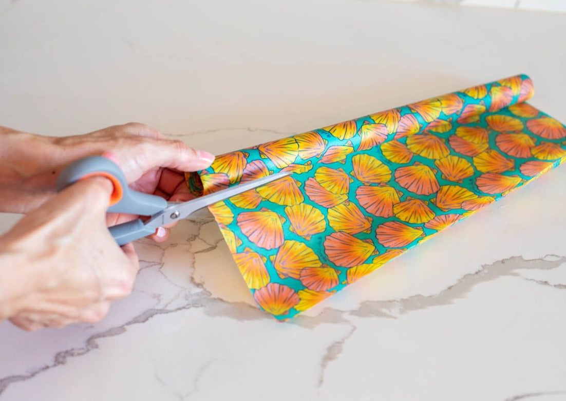 Meli Wraps beeswax wrap bulk roll and cutlery set in Shell Print laid out together