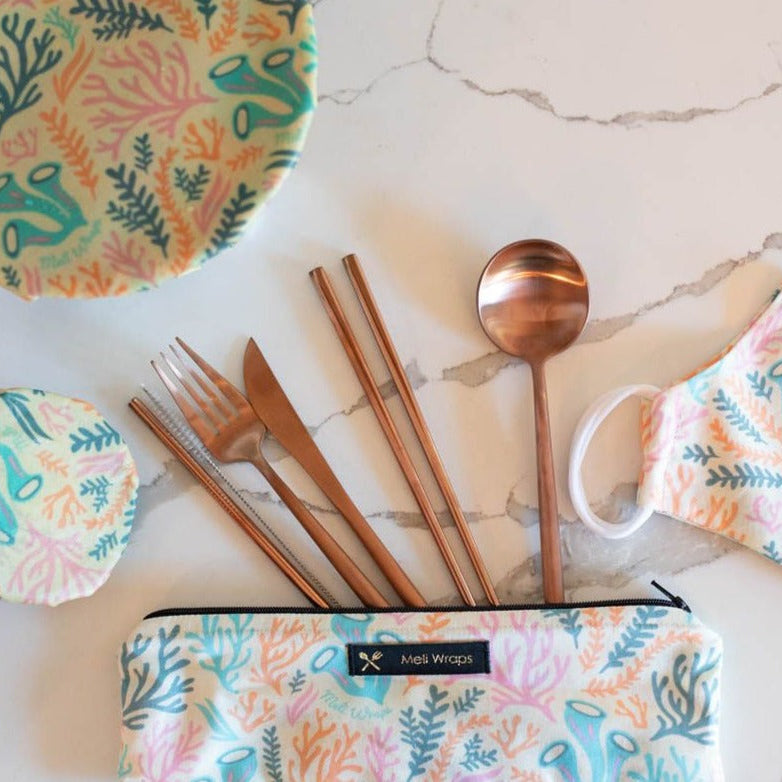 Meli Wraps Travel Eco Pack Reef reusable cutlery set in organic cotton pouch