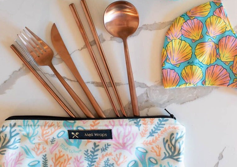 Meli Wraps Travel Eco Pack Reef rose gold stainless steel cutlery set