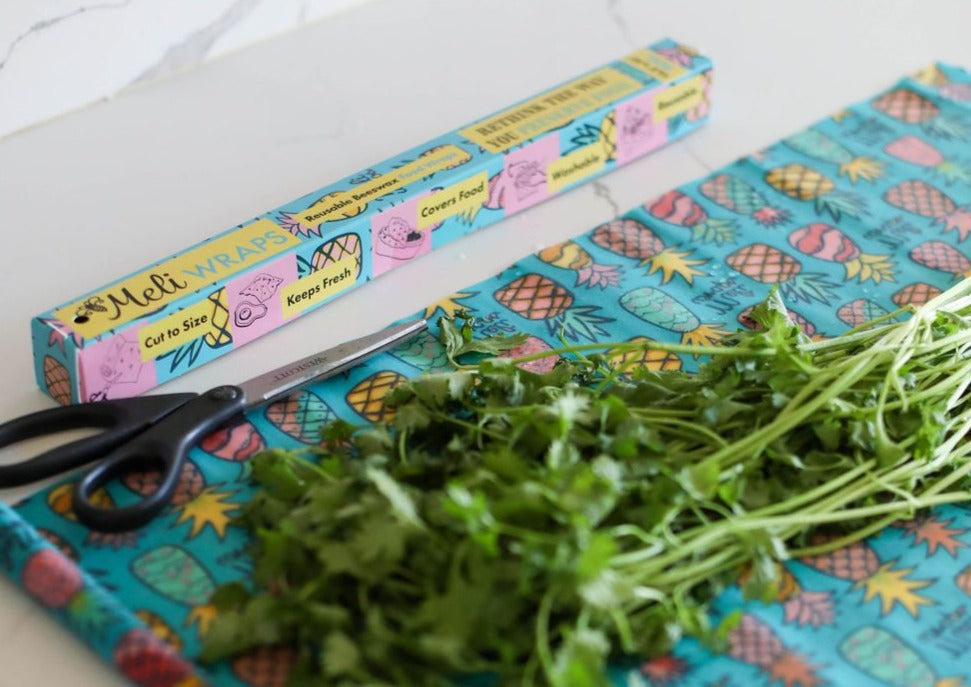 Meli Wraps Pineapple Print beeswax wrap roll cut into pieces