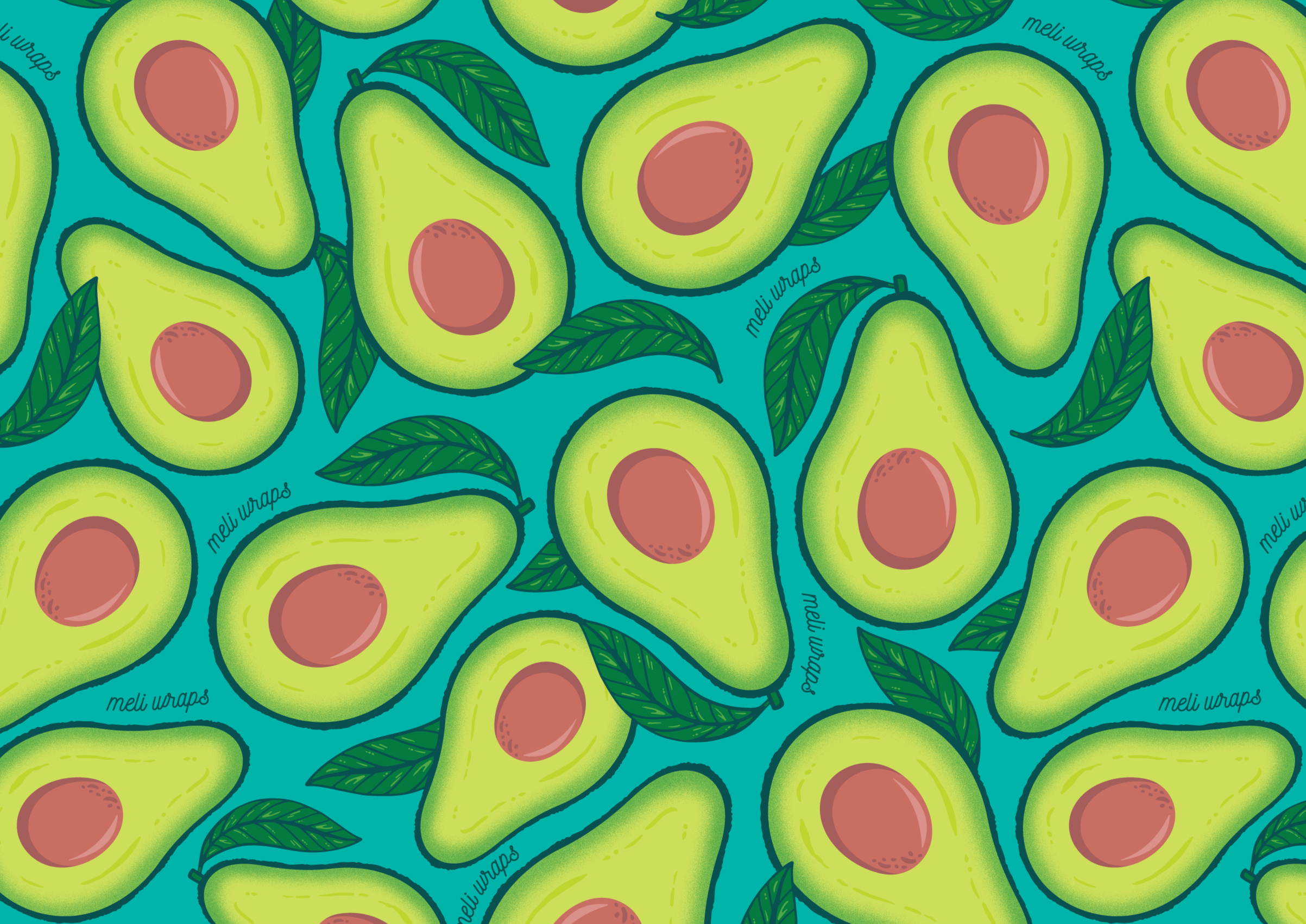 Pattern of green avocados with pink centers on a blue background