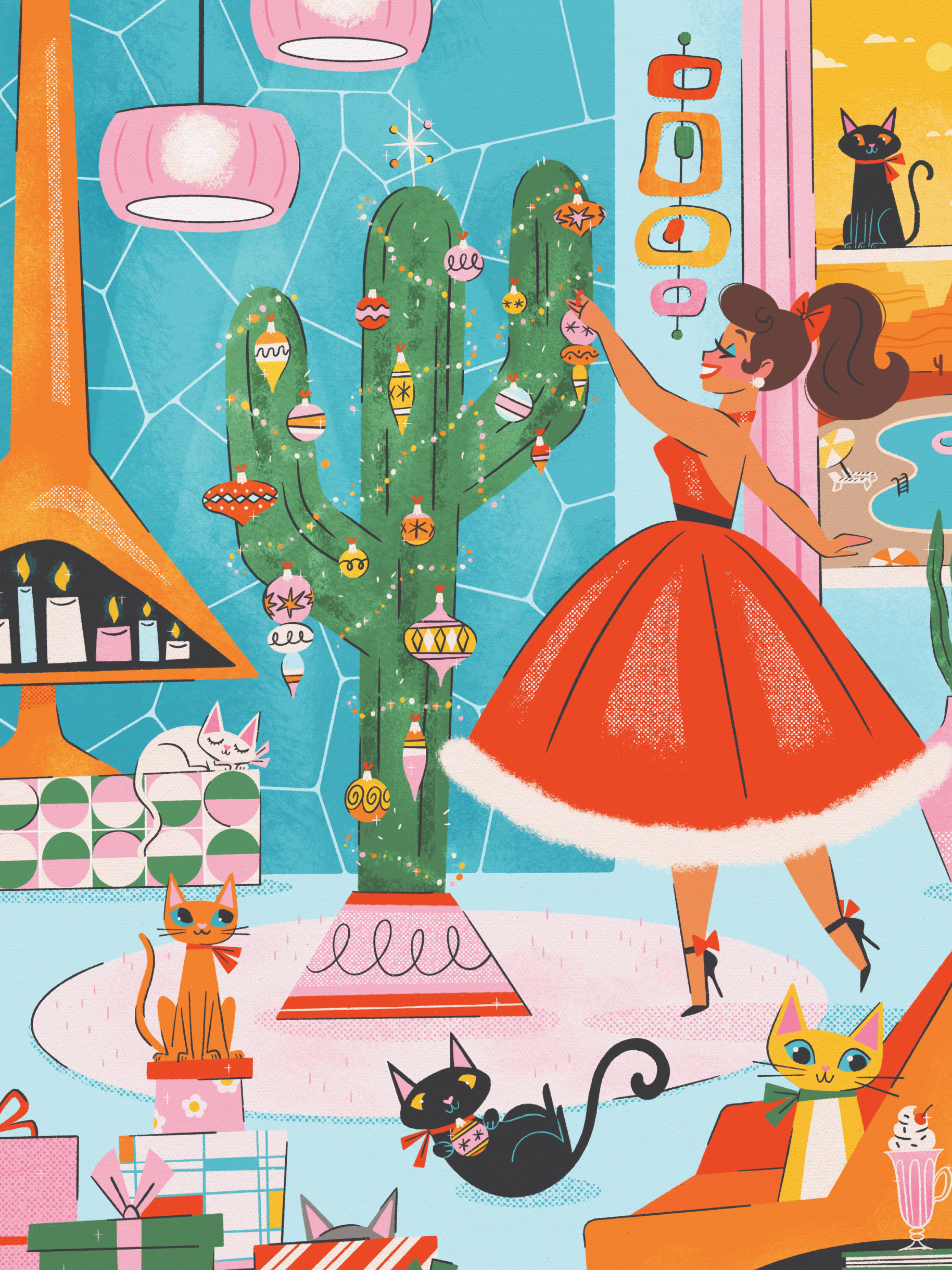 Illustration of a woman in a red dress interacting with a cactus in a colorful room.