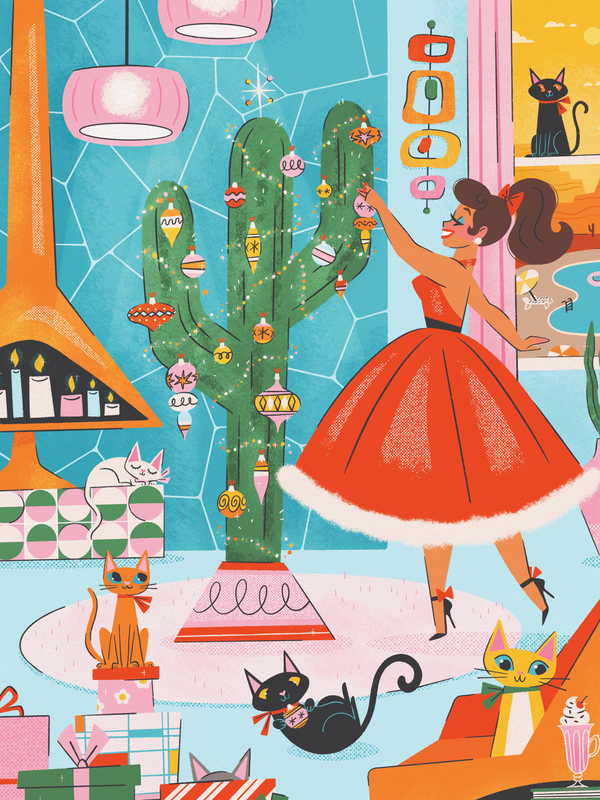 Illustration of a woman in a red dress interacting with a cactus in a colorful room.