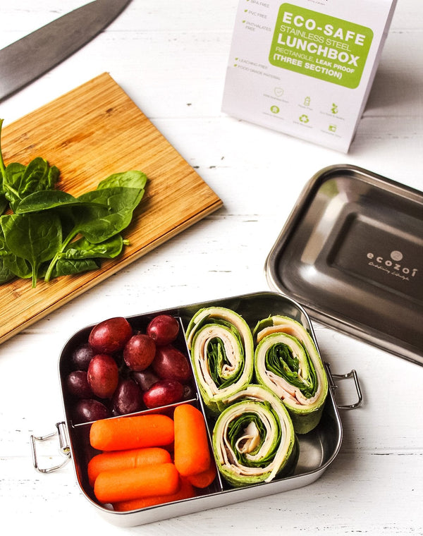 Ecozoi metal bento lunch box packed with wraps and sides, showing real-life meal example