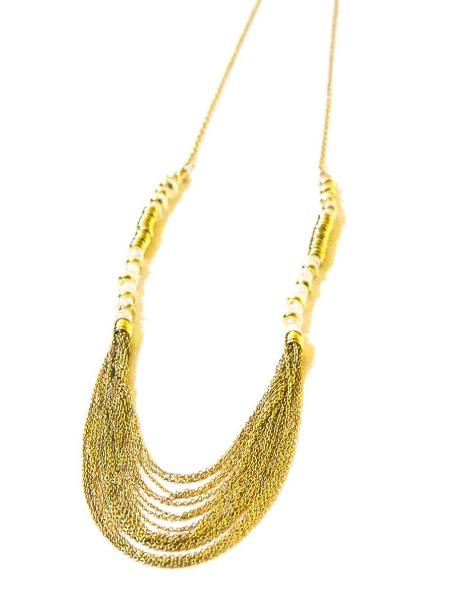 Fair Anita Meteor Shower Moonstone Necklace worn as a long statement necklace with moonstone beads