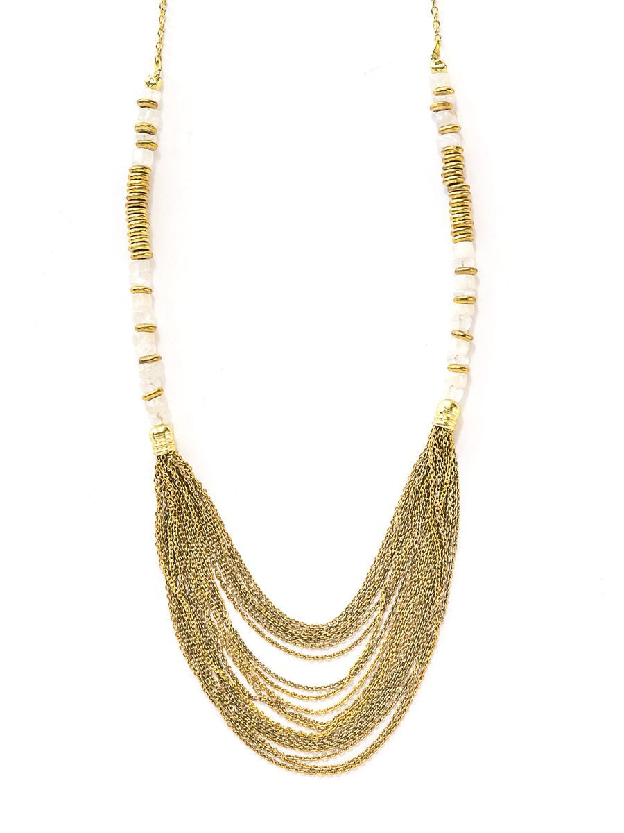 Meteor Shower Moonstone Necklace by Fair Anita with semiprecious moonstone beads and brass discs on a long gold chain