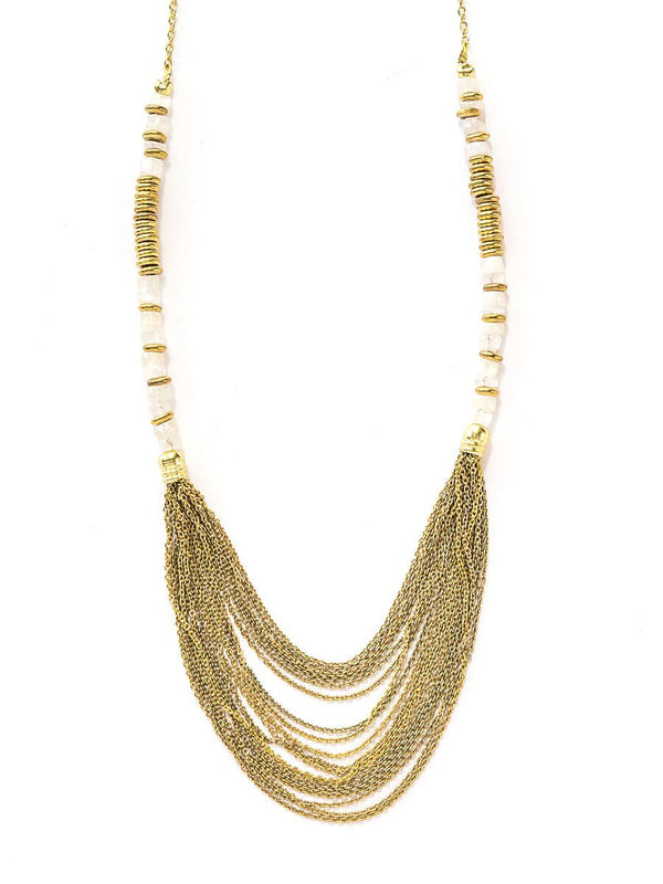 Meteor Shower Moonstone Necklace by Fair Anita with semiprecious moonstone beads and brass discs on a long gold chain