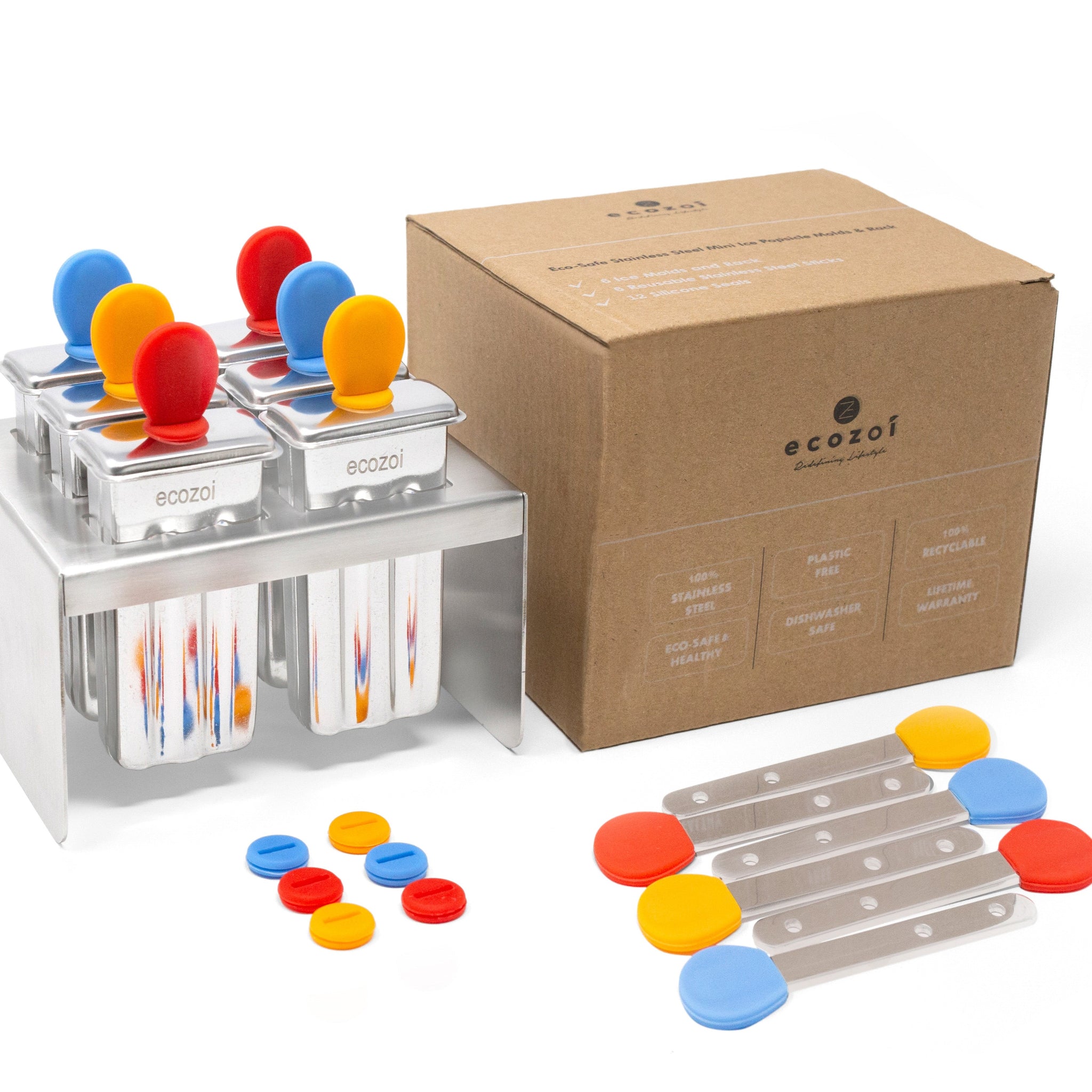 Plastic-free popsicle molds with reusable stainless steel sticks. Eco-friendly, dishwasher safe, and perfect for homemade frozen treats. Shop sustainable!