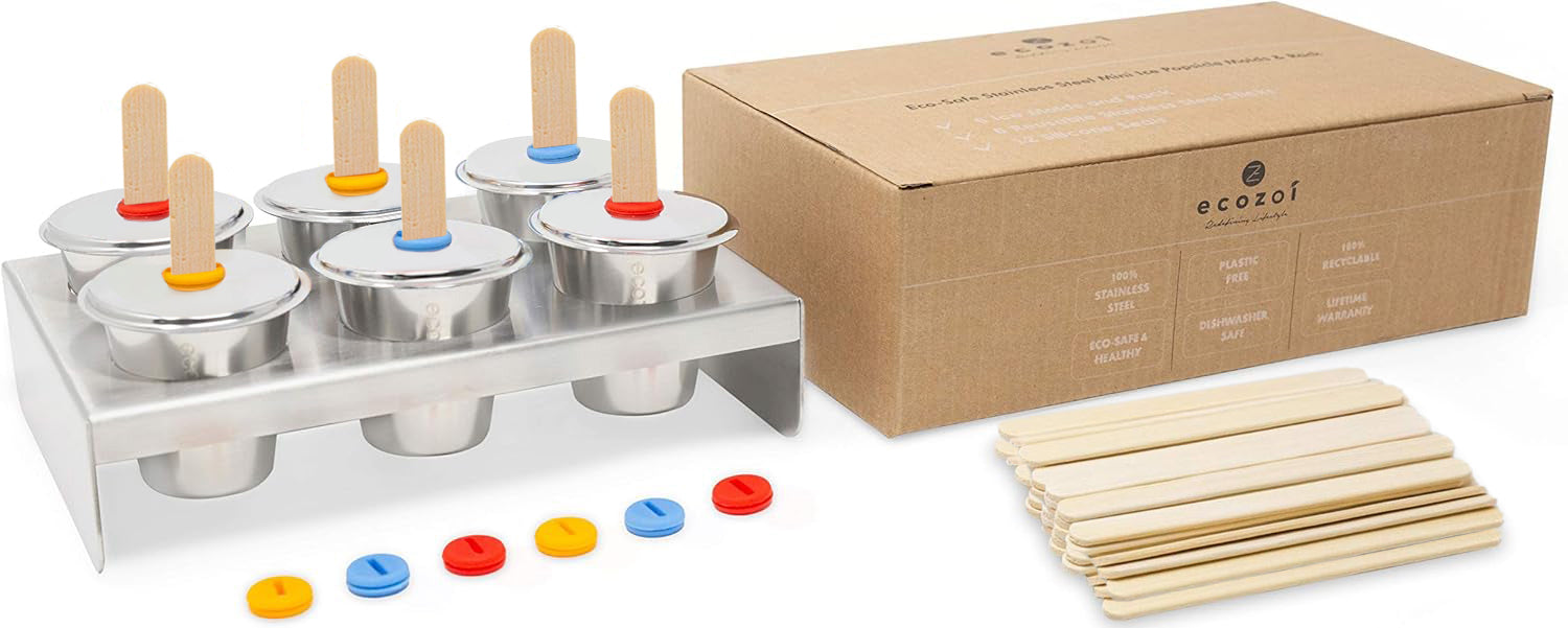 Ice cream making kit with metal molds, wooden sticks, and a cardboard box labeled 'ecozai'.