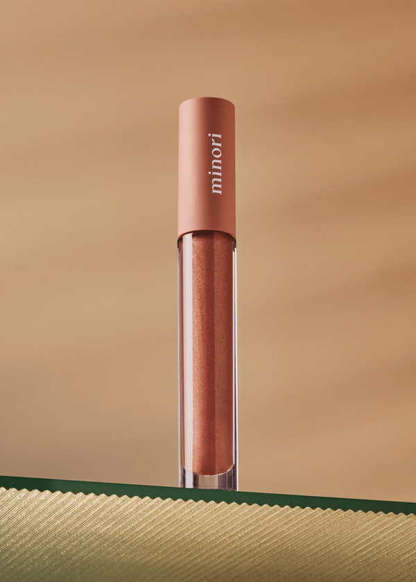 Minori Beauty Lip Gloss in Cozy shade — sheer tinted gloss with Vitamin E and Shea Butter
