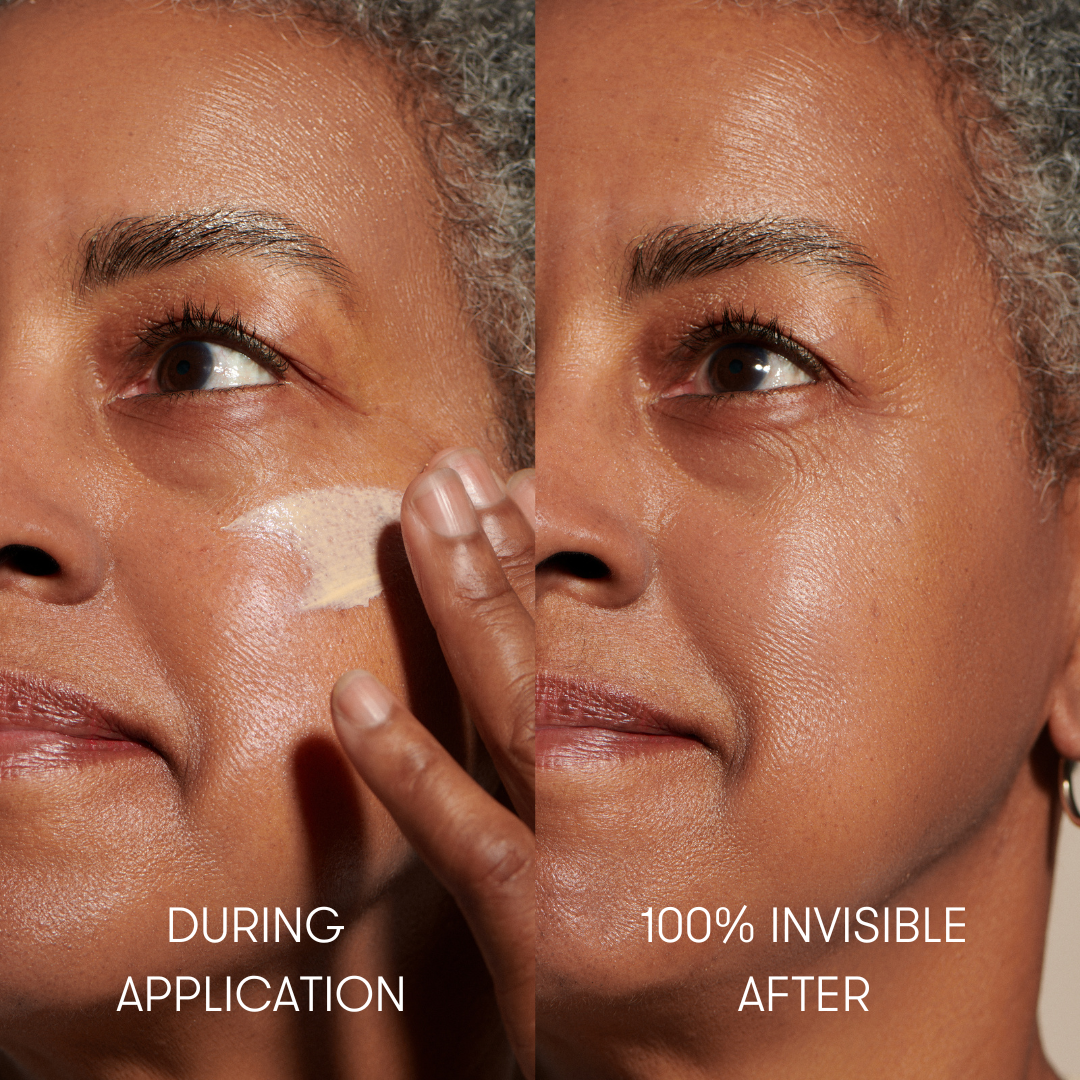 Before and after comparison showing Minori Beauty Mineral Sunscreen SPF 30 on skin tone with banana tint