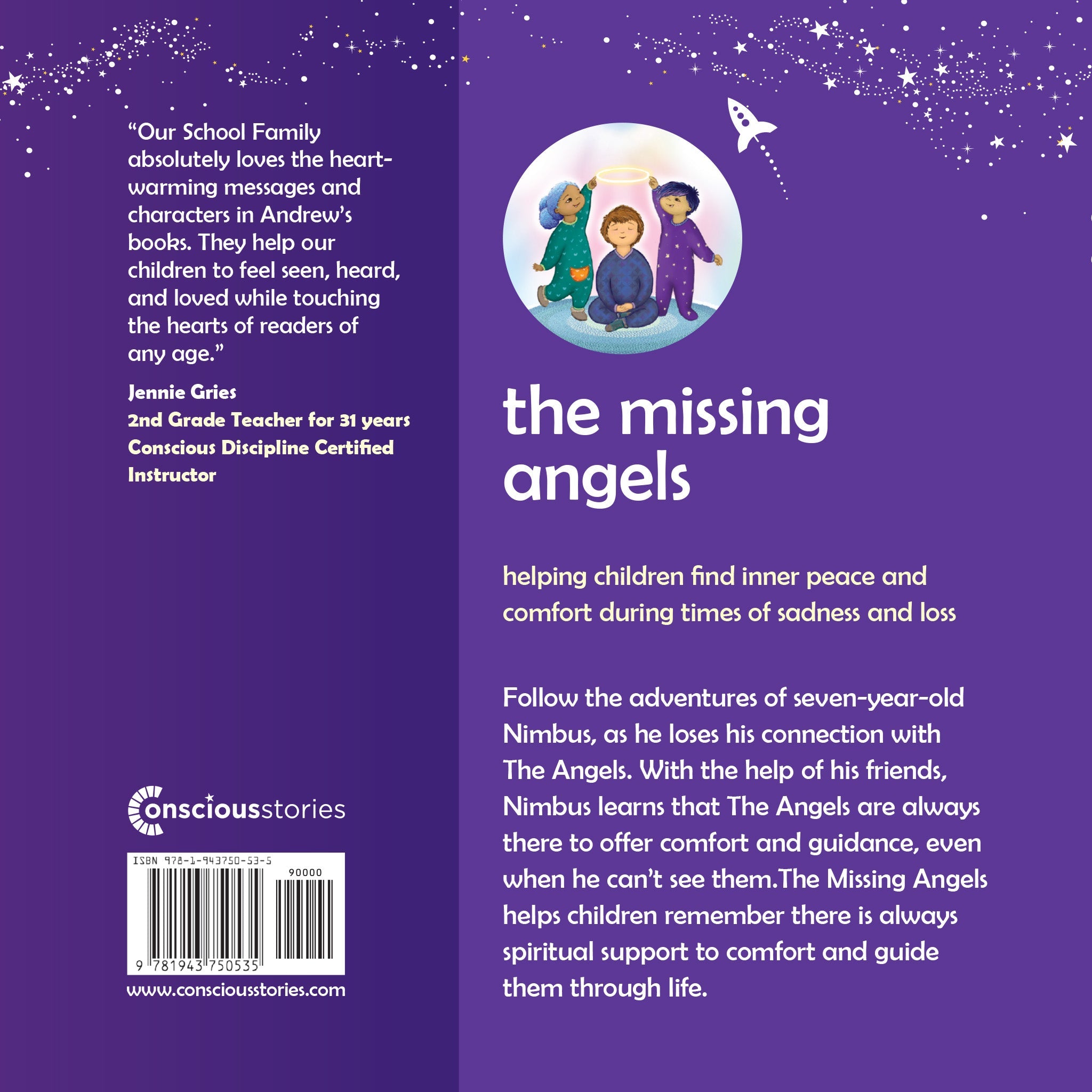 Back cover of The Missing Angels book by Andrew Newman – children's picture book about angels, comfort, and emotional wellbeing