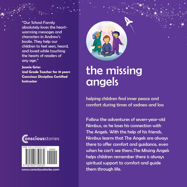 Back cover of The Missing Angels book by Andrew Newman – children's picture book about angels, comfort, and emotional wellbeing