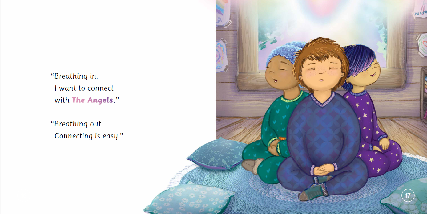 Interior spread of The Missing Angels featuring Halo Time practice – a calming mindfulness activity for children during bedtime