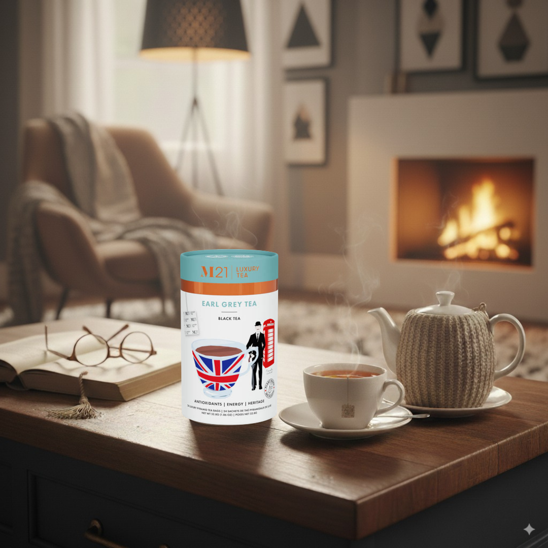 Tea canister with British flag design on a wooden table in a cozy living room.