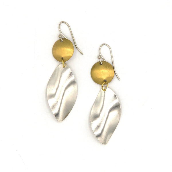 Mixed metal twist earrings with stacked disc design in silver-plated and brass-plated recycled metal by Fair Anita