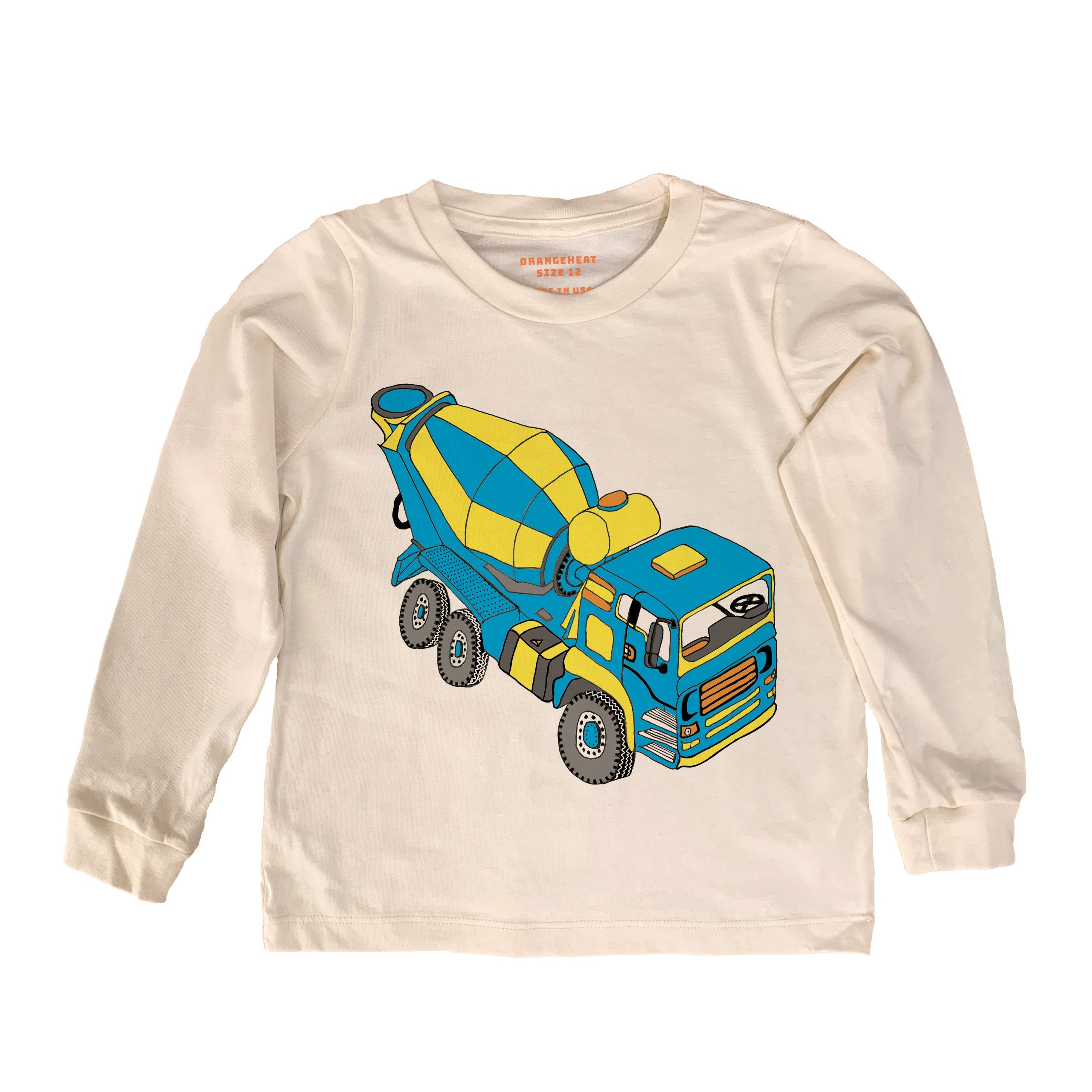 Beige long-sleeve shirt with a colorful cement truck graphic on a white background